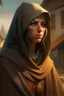 Placeholder: In a humble fantasy village, a blind peasant woman in her late 20s stands wearing simple attire, a hood casting a gentle shadow over her face. Her expression exudes kindness and unwavering hope.