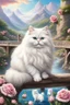 Placeholder: in the center: beautiful fat fluffy white persian cats with kittens, with green and blue eyes, sitting on a bridge, under the brigde flows a small blue river; background: landscape with dramatic mountains and white clouds, butterflys flying in the sky; first plan: pink roses;