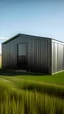 Placeholder: Highly contrasted metal shed on a flat grass landscape with no civilization