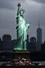 Placeholder: the statue of liberty, dress tattered an torn, her face solemn and terse, trash littered at her feet, the skyline dark and grungy