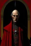 Placeholder: A dark fantasy painting of an old thin man with sharp features and long robes and sunken eyes, bald with a simple crown and long red ornate robes, with technological implants, tall stature with normal features inside a palace 10,000 years in the future,dark fantasy art or sci-fi, 1970s dark fantasy book cover art 70s dark fantasy art, bold colours