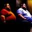 Placeholder: (fineart:1.5, masterpiece1.5) (realism:1.5) award winning picture of award winning fat, beardedd, 'fat man' (watching tv:1.8),, two panels, 50 percent is taken from the pov of the tv, the other 50 pefect is from the point of view of 'fat man', his vision streaks of blue from the tv shining in his eyes, breaking news is on tv