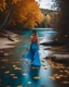 Placeholder: beautiful girl in pretty blue dress walking in water toward camera in trees next to wavy river with clear water and nice sands in floor.camera capture from her full body front,fall environment ,fallen leaves