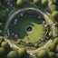 Placeholder: [view from the sky] a Detailed view from above digital illustration. The central focus is a miniature, intricately detailed Miniature Shire hobbit hole [highly detailed, typical medieval heroic fantasy style of Lord of the Rings]