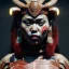 Placeholder: Maori woman, rounded face, blood, black, red, brown, samurai helmet, decorative color feathers, retro, bamboo, leather, soft color, highly detailed, art stations, concept art, smooth, unreal engine 5, god rays, ray tracing, RTX, lumen lighting, ultra detail, volumetric lighting, 3d, finely drawn, high definition, high resolution.