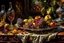 Placeholder: Create a masterpiece an oil painting on cracked canvas: of a Gleaming melting chrome serving tray with spent wine, partially decayed grapes, peaches, oranges, lemon's, walnuts, discarded dry stale bread and mouldy cheese, cloth draped over an old wooden ultra textured table, ultra-realistic portrayal, 8k resolution, rich cool tones, intricate textures, reflections, flawlessly polished exteriors, rule of thirds futuristic concept art of a still life Masterpiece. Modifiers: trending on Artstation