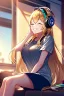 Placeholder: girl, masterpiece, best quality, cinematic lighting, detailed outfit, vibrant colors, perfect eyes, golden hair, long hair, closed eyes, headphones on head, listening to music, smile, sitting, indoors, god rays, casual clothes,