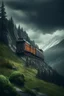 Placeholder: A train truck in stunning mountain landscape, mountain gorge, bright color palette, high detail, perfect by composition, gcinematic shot, intricate details, a cloudy stormy weather in the background