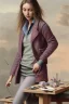 Placeholder: Woman is wearing a grey pullover. Standing at a table, holding needle in her right hand. Sewing a red jacket at the pocket. Watercolour
