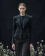 Placeholder: generate a high fashion photo with High technik, futuristischen aspekts, kultur, with moss, flowers, in combination with an black backroundgenerate she should wear a black short jecked, that is open in the middle, Jacket Design Specification: Material: High-quality wool for a structured yet comfortable fit. Color: Deep black. Silhouette: Tailored fit with a slightly structured shoulder line for a refined shape. Details: Intricate vertical pleating and stitched accents on the front panel. High co