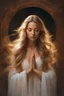 Placeholder: Beautiful, sensual, wonderful goddess, with long flowing hair, soft hands in prayer, eyes closed in front of a glow of light