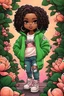 Placeholder: Create an colorful psychedelic comic book illustration of a chibi cartoon black female thick curvy wearing a cut of green and peach hoodie and white jeans and timberland boots. Prominent make up with long lashes and hazel eyes. Highly detailed shiny sister locs. Background of a large peach and green magnolia flowers all around her