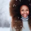 Placeholder: Futuristic Portrait of a black woman with realistic facial features, perfect smile, and brown coily hair in winter wonderland