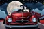 Placeholder: close up illustration from a surreal comics caracter vampire couple (pale skin, dark hair, black-dark red nice gothic clohts) riding a sport coupe car, driving toward you in Summer night,they looking at camera, Tim Burtron and El Kazovszkij style , blue sky with moon and stars. They driving down a surrreal crepy stunning scenic , surrounded by black trees siluette, high detailed, cold silver and dark colors, intricate details, beautifull shot, pale lights, surreal mood, anime, cinematic