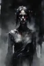 Placeholder: A stern warrior-woman, in an ancient dungeon, broken columns, smoky lamps, semi-darkness, horror and fear, dark tones, cold colors, by Agnes Cecile
