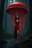 Placeholder: tall slim woman in a red dress, in a forest, holding an umbrella made from a jellyfish, detailed matte painting, deep colour, fantastical, intricate detail, splash screen, complementary colours, fantasy concept art, 8k resolution, Unreal Engine 5