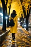 Placeholder: night yellow lights over the street trees autumn leaves under feet ,a Student adult girl with books in her hand walking in street looking to camera a boy walks after she few meters away her back