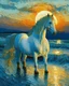 Placeholder: a white horse sits in the sea, sunset, Van Gogh