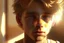 Placeholder: A realistic close up portrait of a cute teen boy with honey brown eyes and golden blond hair, innocent and thoughtful, gazing into the camera, a hint of facial hair, wearing sleeveless shirt, inside an empty room with warm sunlight streaming in, detailed, high definition, 4K, 8K, quality render