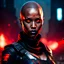 Placeholder: female black assassin with glowing red eyes shaved head, decolletage, post-apocalyptic background, unreal engine style