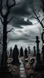 Placeholder: Many scary figures in black mantles in the center, around the sides of the scary old cemetery, gloomy forest, dead trees, black clouds, an atmosphere of horror