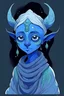 Placeholder: blue-skinned alien mystic in the style of studio ghibli