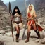 Placeholder: [Jameela Jamil (Tahani Al-Jamil) and Kristen Bell] as barbarian warriors with boots and her battle axe [Jason and the Argonauts (1963)]