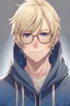 Placeholder: Anime man with glasses, messy blonde hair, wearing a hooded sweatshirt, slight smile, realistic