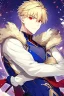 Placeholder: Gilgamesh from Fate Stay Night, blond hair, red eyes, male, wild look in his eyes