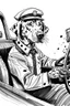 Placeholder: Ink sketch of a dalmatian dressed as a black cab driver with one hand in the driving wheel