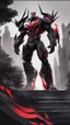 Placeholder: A close picture to Mix between transformers and venom symbiote in solo leveling shadow art style with red details detailsis in fantasy world