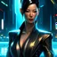 Placeholder: A high-ranking executive in a cyberpunk setting, exuding an aura of power and sophistication. She is of Japanese descent, with sleek, sexy futuristic attire.