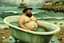 Placeholder: A fat man wearing a hat, is in a bath tub, by a light house, by andrea kowch, holding a umbrella, inspired by andrew wyeth. A rustic harbour, with ships docked is nearby. The Beach is covered with sea shells, crabs and lobsters.There are rain clouds and everything looks as if done in watercolors victo ngai, matisse, monet, catrin welz-stein, vladi