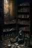 Placeholder: A dark, dingy brick dungeon, with a shelf containing six vintage bottles of various sizes with labels of pain and memories, with one young girl sitting on the floor in tears with a pile of books