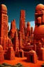 Placeholder: A dark orange colored city with tool shaped buildings designed in Moai statues