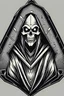 Placeholder: retro cartoon style grim reaper, from the waist upward, in a diamond shape, monochromatic