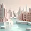 Placeholder: city and river water, in 3d clay animation style, calm white and pastel background