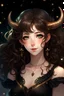 Placeholder: Anime portrait of a beautiful elf with brown curly hair, pale skin, and black eyes, super giant breasts, wearing a black dress made of stars with an hourglass necklace around her neck and short black horns on her head.