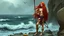 Placeholder: Two nude, red-haired women with long, flowing hair standing on a rocky shore with a stormy ocean in the background. The women are holding spears and appear to be mythical or fantasy figures