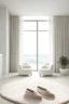 Placeholder: Minimalistic interior in beige tones with white walls. In the foreground, there's a fluffy rug and beige slippers. Panoramic windows in the background. Provide a realistic description, as if capturing the scene in a photograph