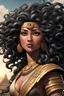 Placeholder: create a comic book art image of a Maya civilization curvy female looking to the side with a large mane of curly black flowing thru the wind. 2k prominent make up with hazel eyes. Highly detailed hair. Background of a Maya civilization