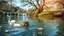 Placeholder: very beautifu lady is Breaststroke swimming in a beautiful river in country side with water falls and big tree,wild flowers and, swans pertty coloful fishes in river ,a pretty وbutterflies around flowers,heaven escape,