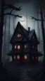 Placeholder: Realistic scary house against the backdrop of a dark forest in the style of a horror film
