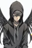 Placeholder: Anime man with black wings, realistic, wearing a hoodie