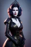 Placeholder: Lana Turner as evil queen in black leather, leather, busty, cleavage, angry, stern look. character design by cory loftis, fenghua zhong, ryohei hase, ismail inceoglu and ruan jia. unreal engine 5, artistic lighting, highly detailed, photorealistic, fantasy