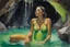 Placeholder: Close-up portrait of a woman in a bright neon green bathing suit sitting in the water of a cave bath, the walls and ceiling of the bath are dark brown clay-like, a few candles illuminate it suggestively, the woman is contentedly sipping champagne, lifelike watercolour, S<AI