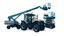 Placeholder: a generic Boom-lift(Left +extended forward overhead), tractor(Middle) and scissor-lift(Right) on a white background. Smooth vector