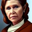 Placeholder: upper body photorealistic jedi carrie fisher in Star Wars, sharp brown eyes, photorealistic skin, dark brown jedi robe, cinematic lighting