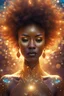 Placeholder: Afrofuturistic woman with glitter on her face, psychedelic interconnections, brilliant glow, overwhelming sparkle, intricate shimmering fabric, mystical surrealism, her luminous, hair overflowing with sparkling crystals, basking in a golden sunset glow, by Artgerm and Patrick Demarchelier, fiery aura, cinematic film still shallow depth of field, highly detailed, high budget, bokeh, moody, epic gorgeous reflection