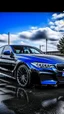 Placeholder: A new model bmw is having washing service, water and foam allover, vintage, dark, outdoor view, sky with clouds,